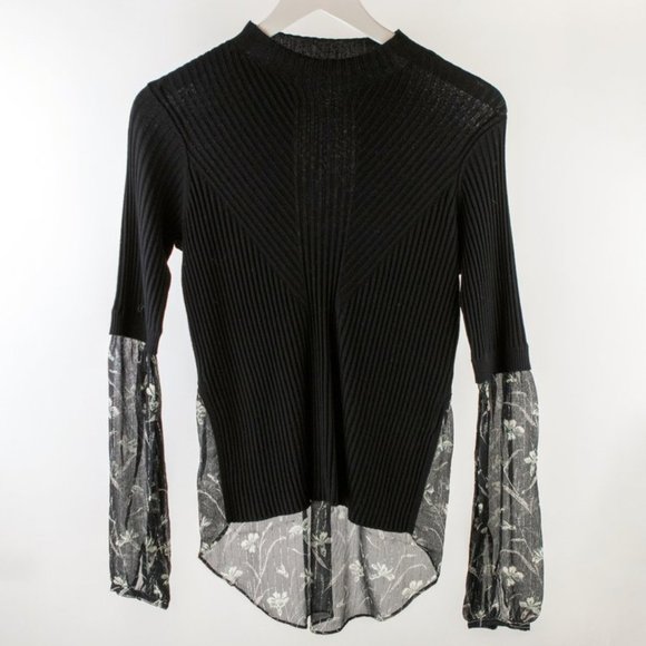 Veronica Beard Moon Black Ribbed Floral Mixed Media Sweater - Picture 1 of 6